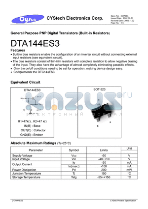 DTA144ES3 datasheet - General Purpose PNP Digital Transistors (Built-in Resistors)