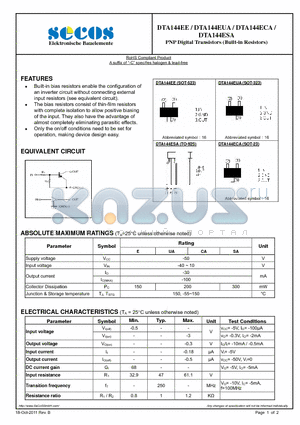 DTA144ESA datasheet - PNP Digital Transistors (Built-in Resistors)