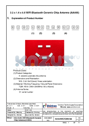 H2U34WGTQW0100 datasheet - 3.2x1.6x0.5 WiFi/Bluetooth Ceramic Chip Antenna (AA055)