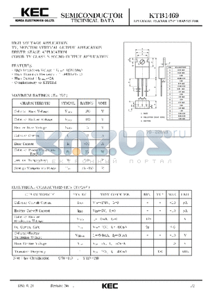 KTB1469 datasheet - EPITAXIAL PLANAR PNP TRANSISTOR (HIGH VOLTAGE TV, MONITOR VERTICAL OUTPUT, DRIVER STAGE, COLOR TV CLASS B SOUND OUTPUT)