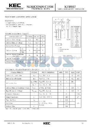 KTB817 datasheet - TRIPLE DIFFUSED PNP TRANSISTOR(HIGH POWER AMPLIFIER)