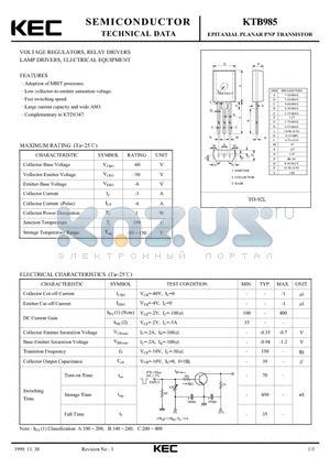 KTB985 datasheet - EPITAXIAL PLANAR PNP TRANSISTOR (VOLTAGE REGULATOR RELAY DRIVERS LAMP DRIVER, ELECTRICAL EQUIPMENT)