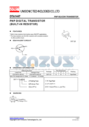 DTA144T datasheet - PNP DIGITAL TRANSISTOR