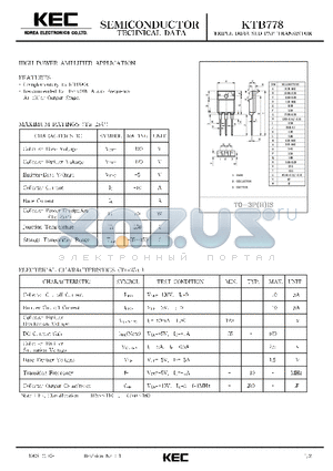 KTB778 datasheet - TRIPLE DIFFUSED PNP TRANSISTOR(HIGH POWER AMPLIFIER)