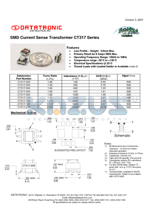 CT317-070 datasheet - SMD Current Sense Transformer