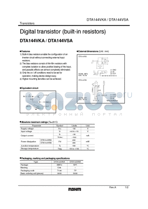 DTA144VKA datasheet - Digital transistor  (built-in resistors)