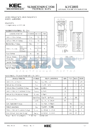 KTC2803 datasheet - EPITAXIAL PLANAR NPN TRANSISTOR (AUDIO FREQUENCY  HIGH FREQUENCY POWER AMPLIFIER)