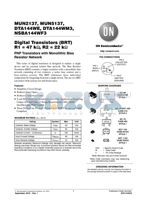 DTA144WET1G datasheet - Digital Transistors (BRT) R1 = 47 k, R2 = 22 k