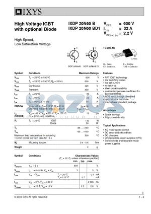 IXDP20N60B datasheet - High Voltage IGBT with optional Diode