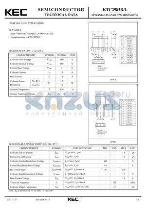 KTC2983D datasheet - EPITAXIAL PLANAR NPN TRANSISTOR (HIGH VOLTAGE)