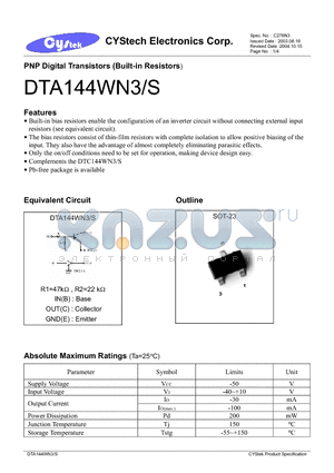 DTA144WN3 datasheet - PNP Digital Transistors (Built-in Resistors)