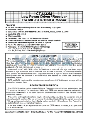 CT3232 datasheet - Low Power Driver /Receiver For MIL-STD-1553 & Macair