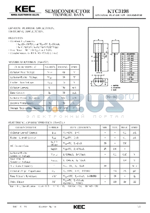 KTC3198 datasheet - EPITAXIAL PLANAR NPN TRANSISTOR (GENERAL PURPOSE, SWITCHING)