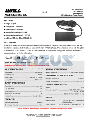 DTA36 datasheet - 20 ~ 30 Watts Single Output AC/DC Desktop Power Supply