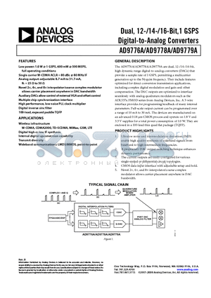 AD9779A datasheet - Dual, 12-/14-/16-Bit,1 GSPS Digital-to-Analog Converters