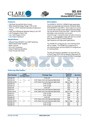 IXDN614CI datasheet - 14-Ampere Low-Side Ultrafast MOSFET Drivers