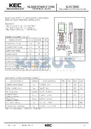 KTC3206 datasheet - TRIPLE DIFFUSED NPN TRANSISTOR (BLACK AND WHITE TV VIDEO OUTPUT, HIGH VOLTAGE SWITCHING)