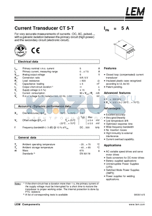 CT5-T datasheet - Current Transducers CT 5-T