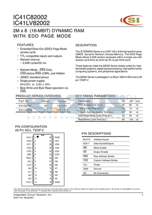 IC41LV82002-60T datasheet - 2M x 8 (16-MBIT) DYNAMIC RAM WITH EDO PAGE MODE