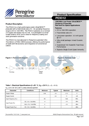 9312-01 datasheet - 1500 MHz Low Power UltraCMOS Divide-by-4 Prescaler Rad hard for Space Applications