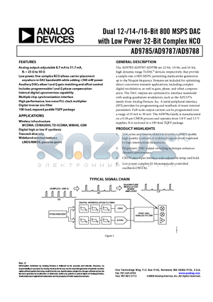 AD9785BSVZRL datasheet - Dual 12-/14-/16-Bit 800 MSPS DAC with Low Power 32-Bit Complex NCO