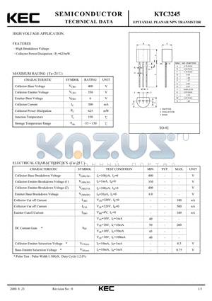 KTC3245 datasheet - EPITAXIAL PLANAR NPN TRANSISTOR (HIGH VOLTAGE)