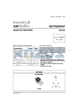 62CTQ030PBF datasheet - SCHOTTKY RECTIFIER 60 Amp
