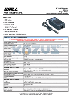 DTAM040A1Y05X datasheet - 65 Watt Single Output AC/DC Medical Desktop Adapter