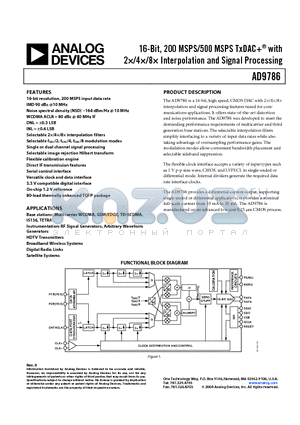 AD9786 datasheet - 16-Bit, 200 MSPS/500 MSPS TxDAC with 2/4/8 Interpolation and Signal Processing