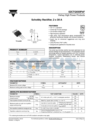 62CTQ030PBF datasheet - Schottky Rectifier, 2 x 30 A