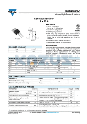 62CTQ030PBF_09 datasheet - Schottky Rectifier, 2 x 30 A