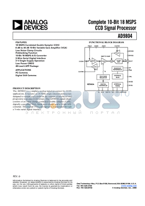 AD9804 datasheet - Complete 10-Bit 18 MSPS CCD Signal Processor