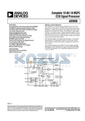 AD9806 datasheet - Complete 10-Bit 18 MSPS CCD Signal Processor