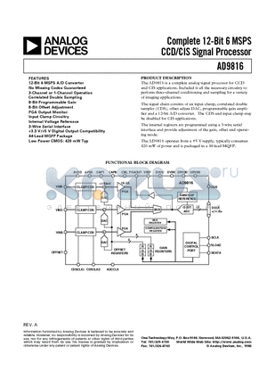 AD9816-EB datasheet - Complete 12-Bit 6 MSPS CCD/CIS Signal Processor