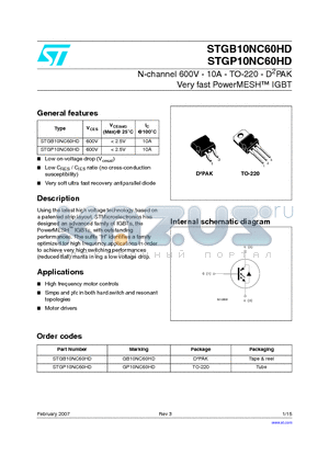 GB10NC60HD datasheet - N-channel 600V - 10A - TO-220 - D2PAK Very fast PowerMESH TM IGBT