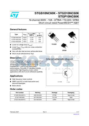 GB10NC60K datasheet - N-channel 600V - 10A - D2PAK / TO-220 / DPAK Short circuit rated PowerMESH TM IGBT
