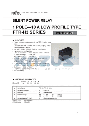 H3AA012V datasheet - SILENT POWER RELAY 1 POLE-10 A LOW PROFILE TYPE FTR-H3 SERIES