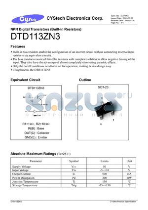 DTB113ZN3 datasheet - NPN Digital Transistors (Built-in Resistors)