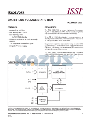 62LV256 datasheet - 32K x 8 LOW VOLTAGE STATIC RAM