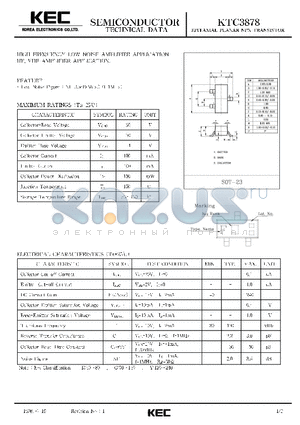 KTC3878 datasheet - EPITAXIAL PLANAR NPN TRANSISTOR (HIGH FREQUENCY LOW NOISE AMPLIFIER, HF, VHF AMPLIFIER)