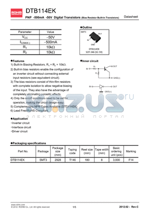 DTB114EK datasheet - PNP -500mA -50V Digital Transistors (Bias Resistor Built-in Transistors)