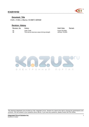 IC42S16102 datasheet - 512K x 16 Bit x 2 Banks (16-MBIT) SDRAM