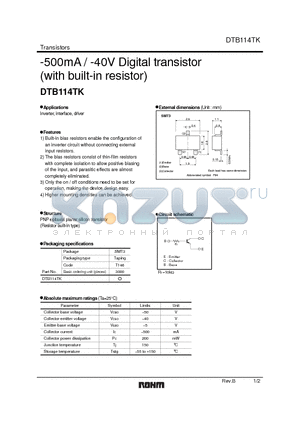 DTB114TK datasheet - -500mA / -40V Digital transistor (with built-in resistor)