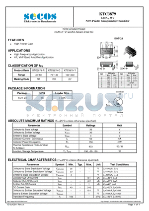 KTC3879 datasheet - 0.05A , 35V NPN Plastic Encapsulated Transistor