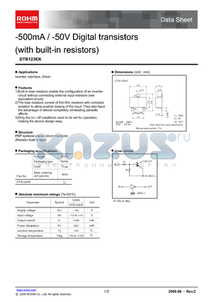 DTB123EK_09 datasheet - -500mA / -50V Digital transistors (with built-in resistors)