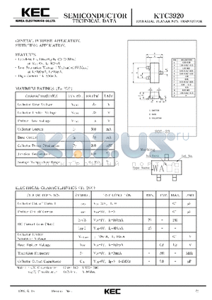 KTC3920 datasheet - EPITAXIAL PLANAR NPN TRANSISTOR (GENERAL PURPOSE, SWITCHING)