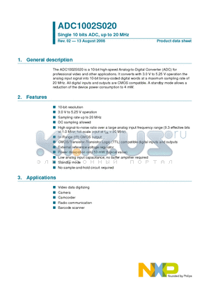 ADC1002S020HL datasheet - Single 10 bits ADC, up to 20 MHz