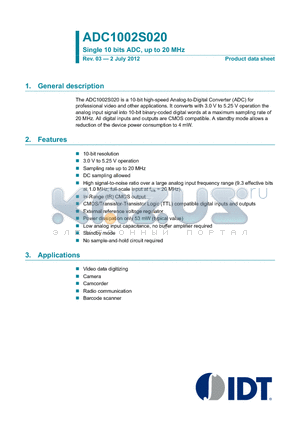 ADC1002S020HL datasheet - Single 10 bits ADC, up to 20 MHz