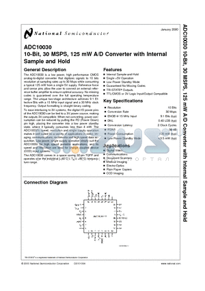 ADC10030 datasheet - 10-Bit, 30 MSPS, 125 mW A/D Converter with Internal Sample and Hold