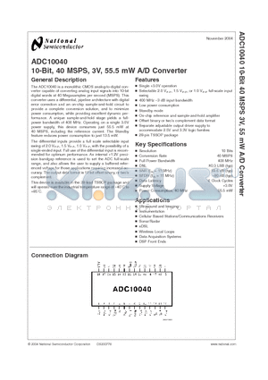 ADC10040 datasheet - 10-Bit, 40 MSPS, 3V, 55.5 mW A/D Converter